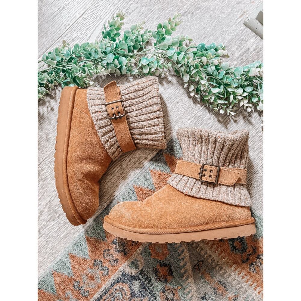 Uggs Tan Cambridge Cable Knit Fold Over Buckle Ankle Boots Size 10